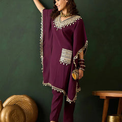 Embroidered  V-Neck Mirror work Kaftan With Trousers