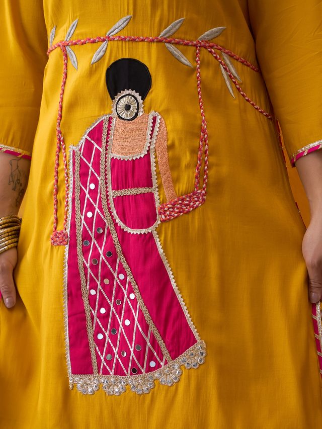 Mustard Ethnic Motif Embroidered Straight Kurta With Trouser & Dupatta Kurta Set