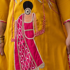 Mustard Ethnic Motif Embroidered Straight Kurta With Trouser & Dupatta Kurta Set