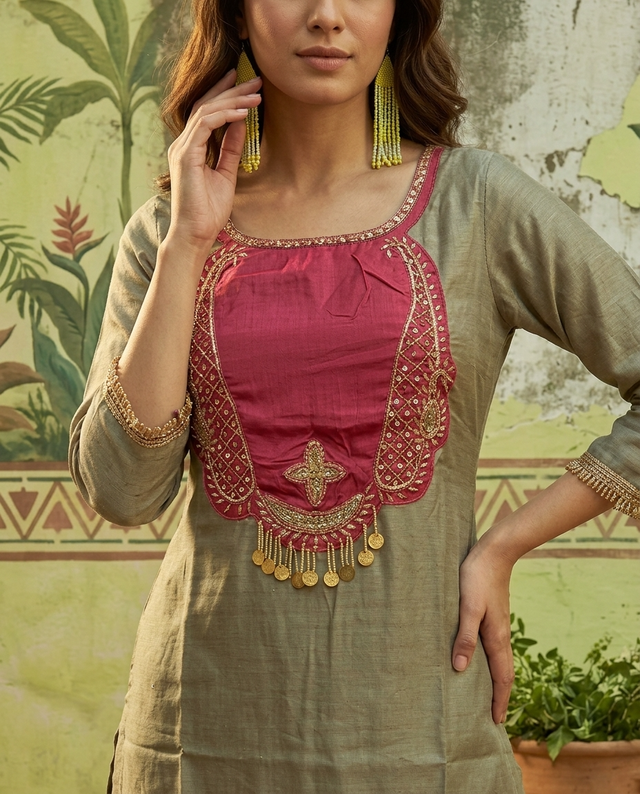 Floral Embroidered & Mirror Work Tunic With & Trouser