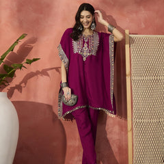 Floral Embroidered Notch Neck Kaftan Kurta With Trouser