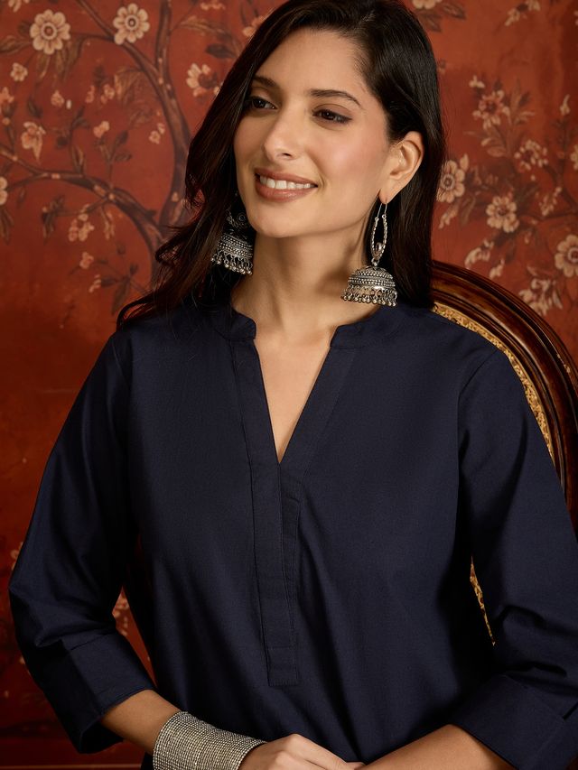 Navy Blue Mandarin Collar Pure Cotton Tunic With Trousers Kurta Set