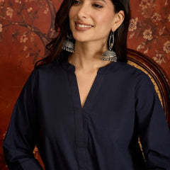 Navy Blue Mandarin Collar Pure Cotton Tunic With Trousers Kurta Set