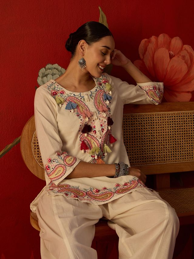 White Floral Embroidered Tunic With Farshi Salwar  Co-Ords Set