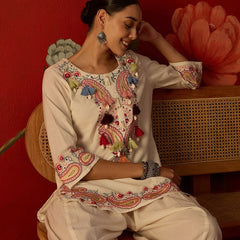 White Floral Embroidered Tunic With Farshi Salwar  Co-Ords Set
