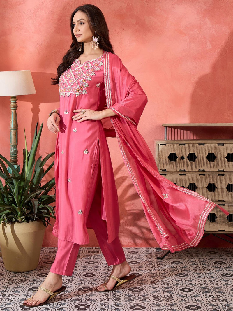 Pink Floral Gotta Patti Notch Neck Kurta With Trousers And Dupatta