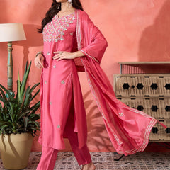 Pink Floral Gotta Patti Notch Neck Kurta With Trousers And Dupatta
