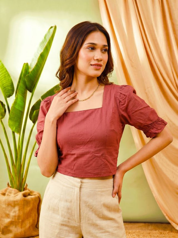 Maroon Solid Puff Sleeve Top
