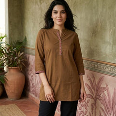 Brown Floral Embroidered Straight Short Kurti
