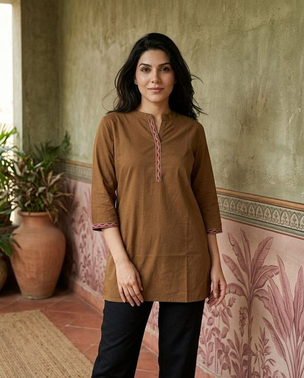 Brown Floral Embroidered Straight Short Kurti