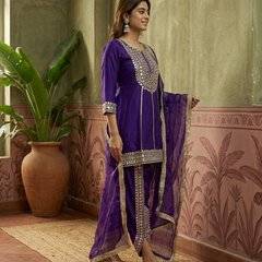 Purple Floral Embroidered & Sequinned A-Line Kurta With Dhoti Pant & Dupatta Kurta Set