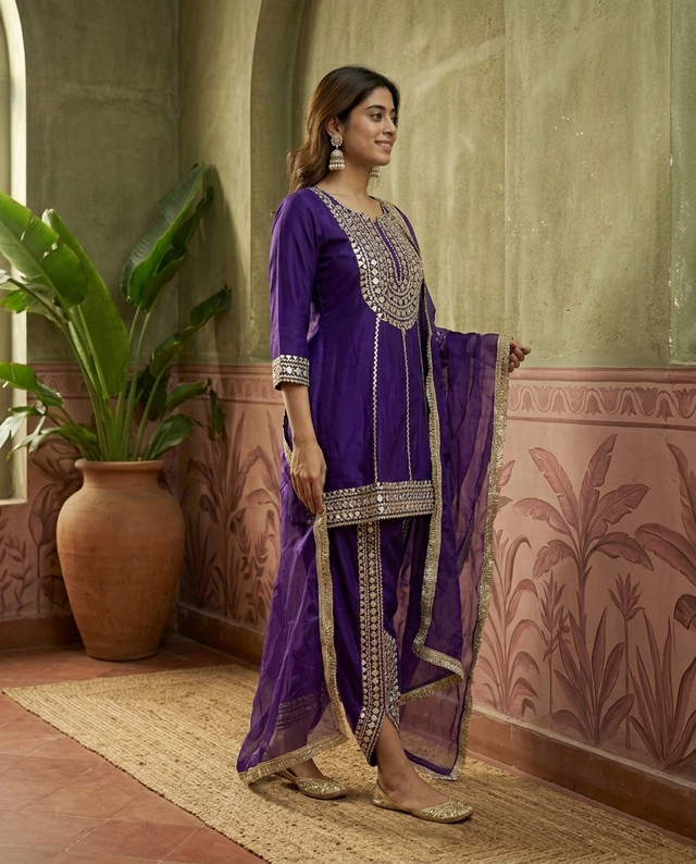 Purple Floral Embroidered & Sequinned A-Line Kurta With Dhoti Pant & Dupatta Kurta Set