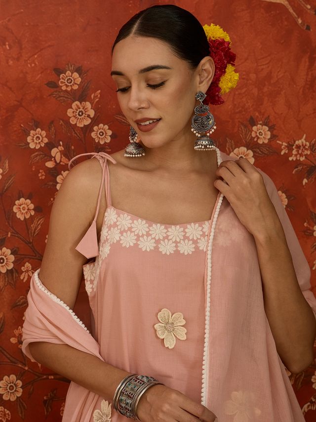 Peach Floral Embroidered Shoulder Straps Kurta With Trouser & Dupatta Kurta Set