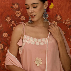 Peach Floral Embroidered Shoulder Straps Kurta With Trouser & Dupatta Kurta Set