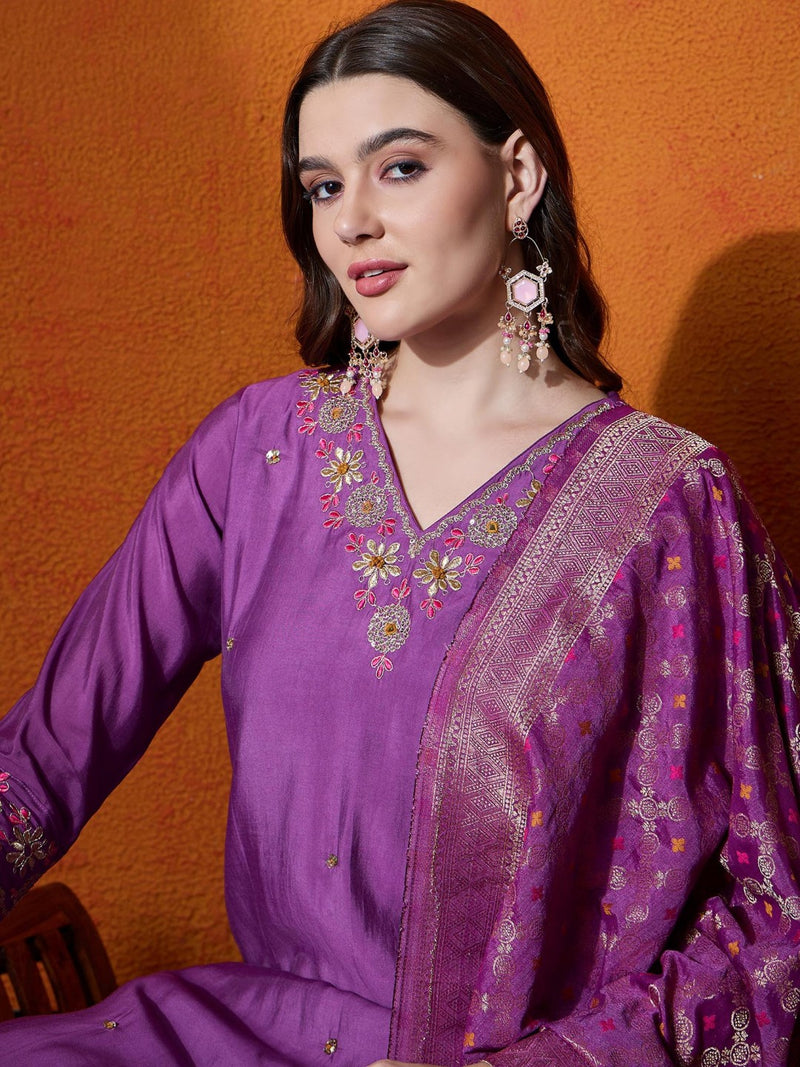 Purple Floral Embroidered V-Neck Straight Kurta With Trouser And Dupatta