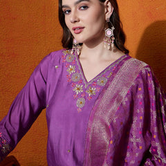 Purple Floral Embroidered V-Neck Straight Kurta With Trouser And Dupatta