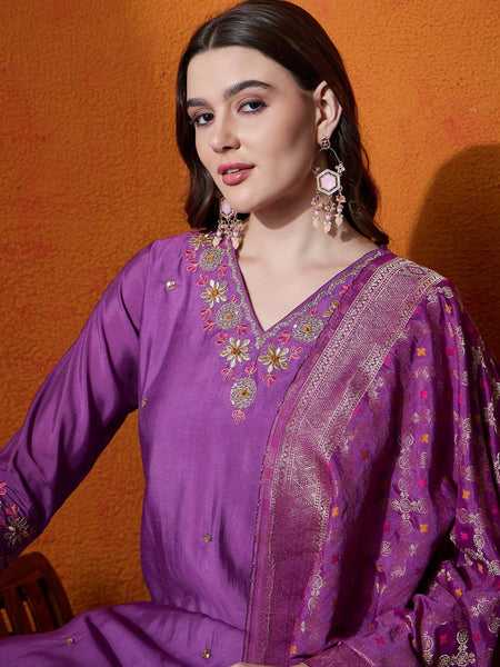 Purple Floral Embroidered V-Neck Straight Kurta With Trouser And Dupatta