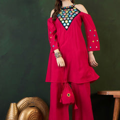 Embroidered Kurta, Palazzo With Bag Kurta Set