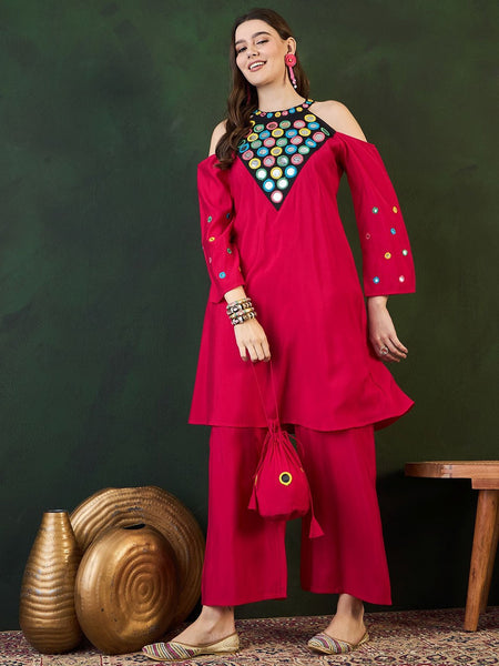 Embroidered Kurta, Palazzo With Bag Kurta Set