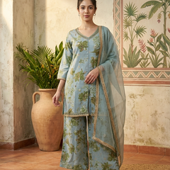 Floral Print & Embroidered  Straight Kurta With Trousers & Dupatta