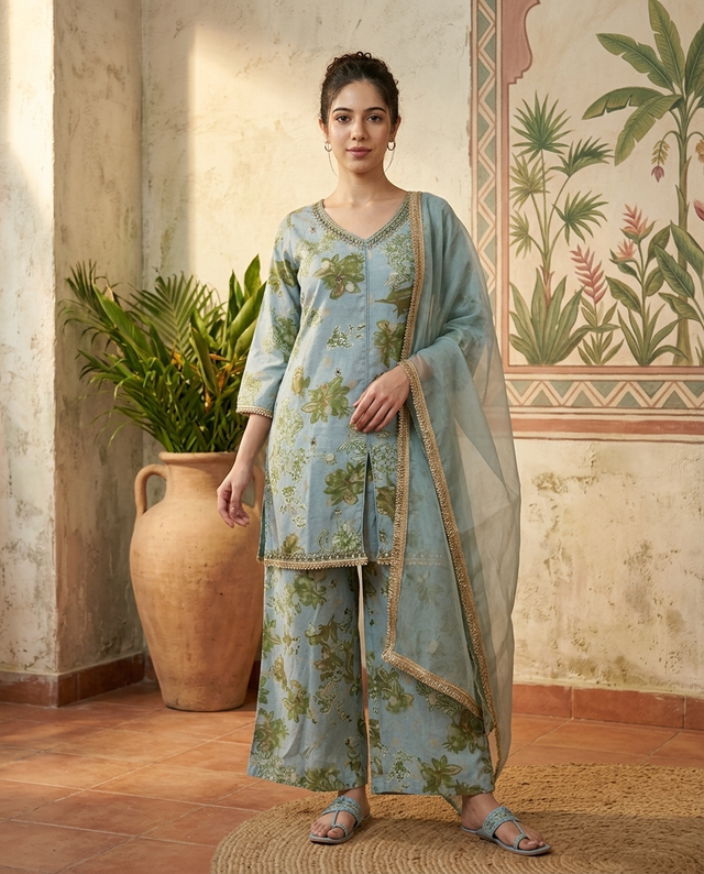 Floral Print & Embroidered  Straight Kurta With Trousers & Dupatta