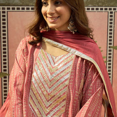 Ethnic Motif Print & Gota Work A-Line Kurta With Farsi Salwar & Dupatta Kurta Set