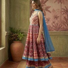 Pure Cotton Floral Printed Anarkali Kurta with Sharara & Dupatta Kurta Set