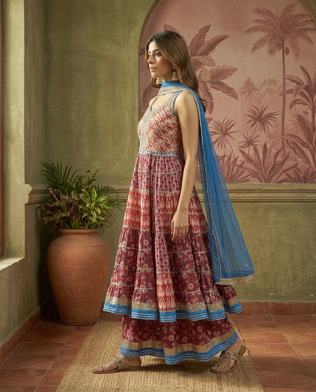 Pure Cotton Floral Printed Anarkali Kurta with Sharara & Dupatta Kurta Set