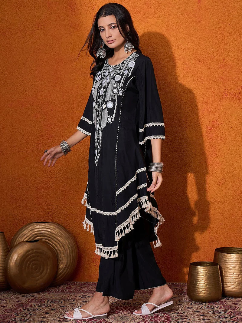 Floral Embroidered Regular Mirror Work A-Line Kurta with Palazzo