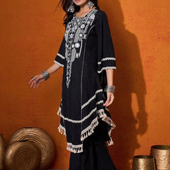 Floral Embroidered Regular Mirror Work A-Line Kurta with Palazzo