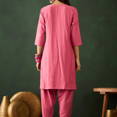 Floral Embroidered Mirror Work Straight Kurta With Dhoti Pant