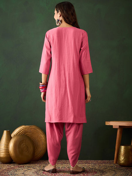Floral Embroidered Mirror Work Straight Kurta With Dhoti Pant