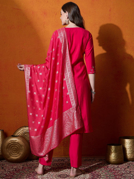 Floral Embroidered Kurta With Trousers And Dupatta