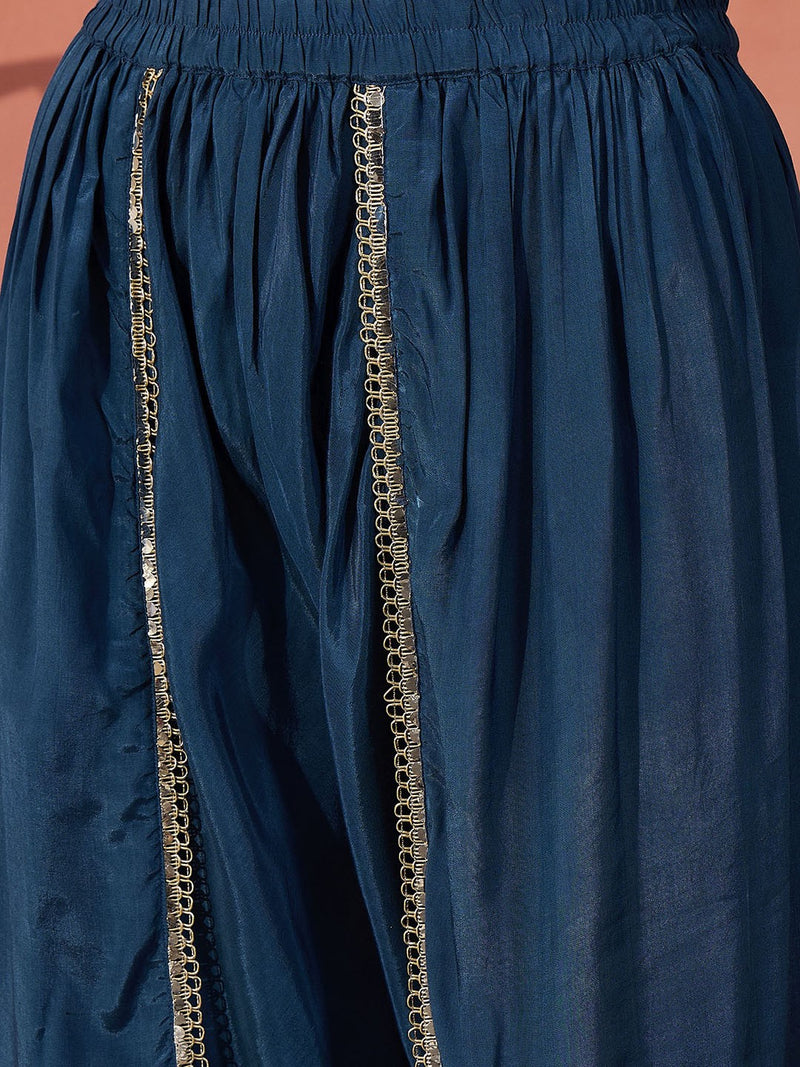 Blue Geometric Printed Yoke Design Mirror Work Kaftan Kurta With Dhoti Pants