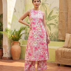 Floral Print Sleeveless Straight Kurta With Trousers