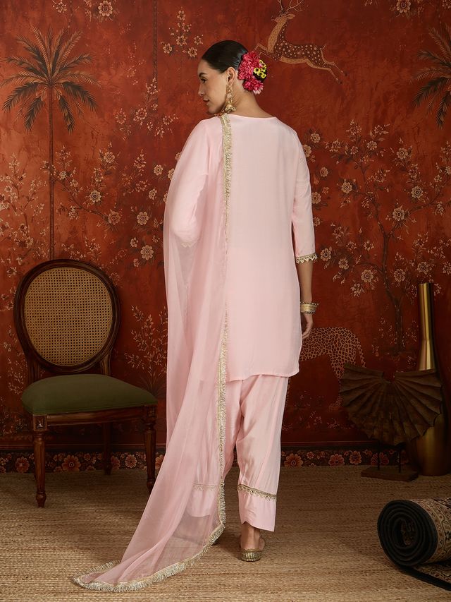 Pink Embroidered Straight Kurta With Farsi Salwar & Dupatta