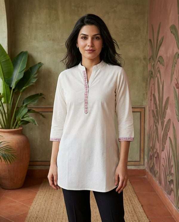 Off White Floral Embroidered Straight Short Kurti