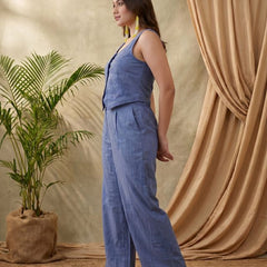 Blue Embroidered Crop Top With Palazzo Co-Ords Set