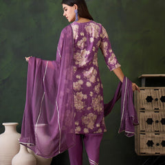 Floral Embroidered Round Neck Kurta With Dhoti Pants And Dupatta