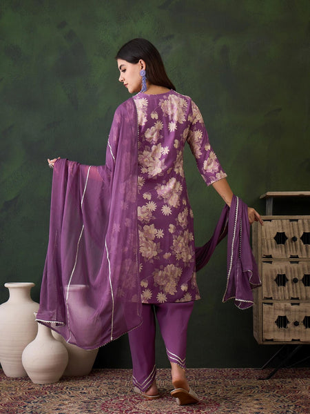 Floral Embroidered Notch Neck Straight Kurta With Trouser And Dupatta