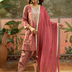 Ethnic Motif Print & Gota Work A-Line Kurta With Farsi Salwar & Dupatta Kurta Set