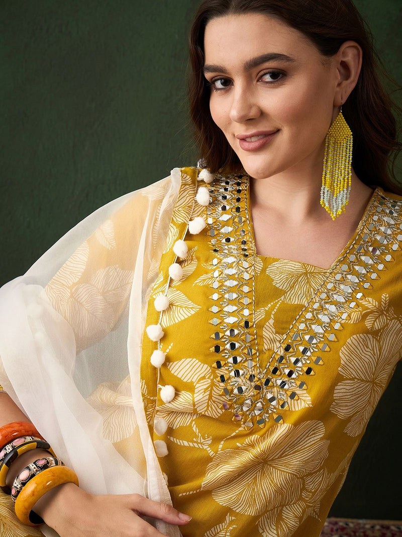 Floral Printed Mirror Work Pure Cotton Kurta With Dhoti Pant & Dupatta