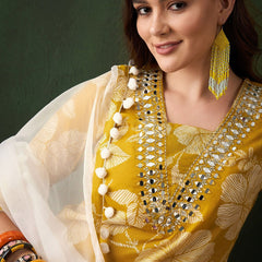 Floral Printed Mirror Work Pure Cotton Kurta With Dhoti Pant & Dupatta