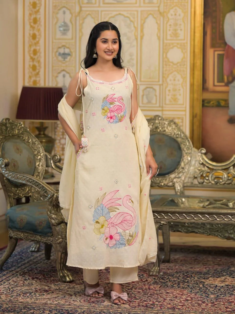 Pure Cotton Embroidered Shoulder Strap Kurta With Pant & Dupatta Kurta Set
