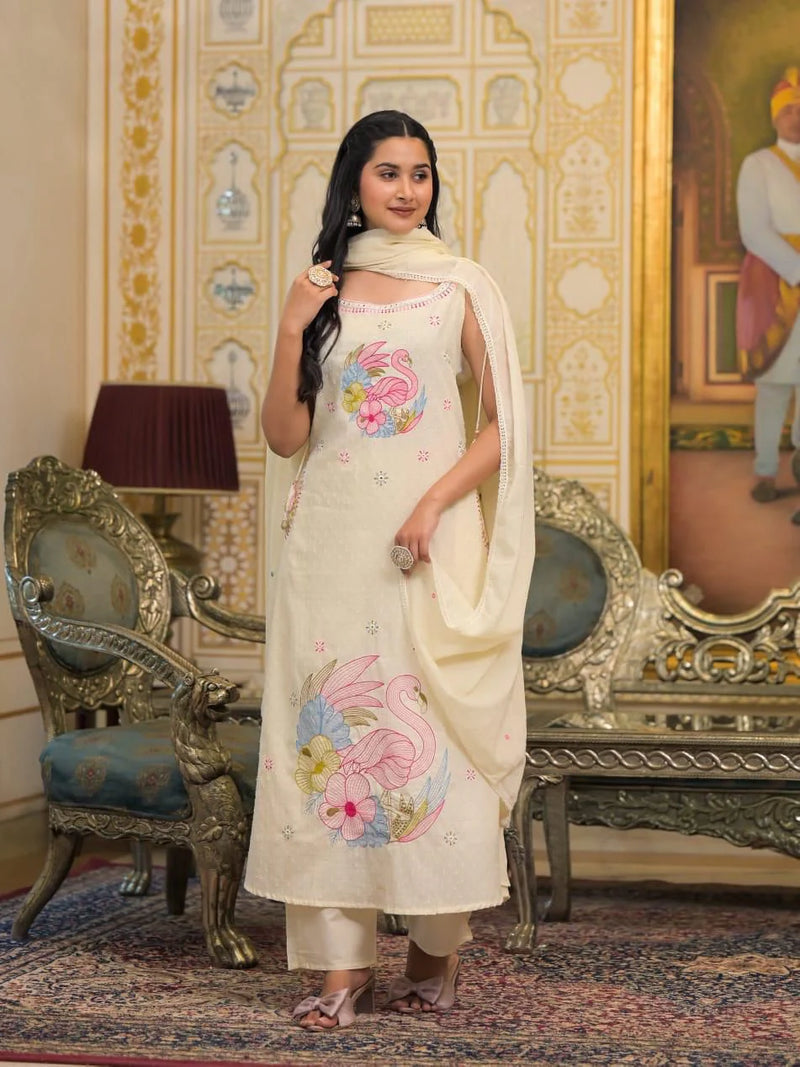 Pure Cotton Embroidered Shoulder Strap Kurta With Pant & Dupatta Kurta Set