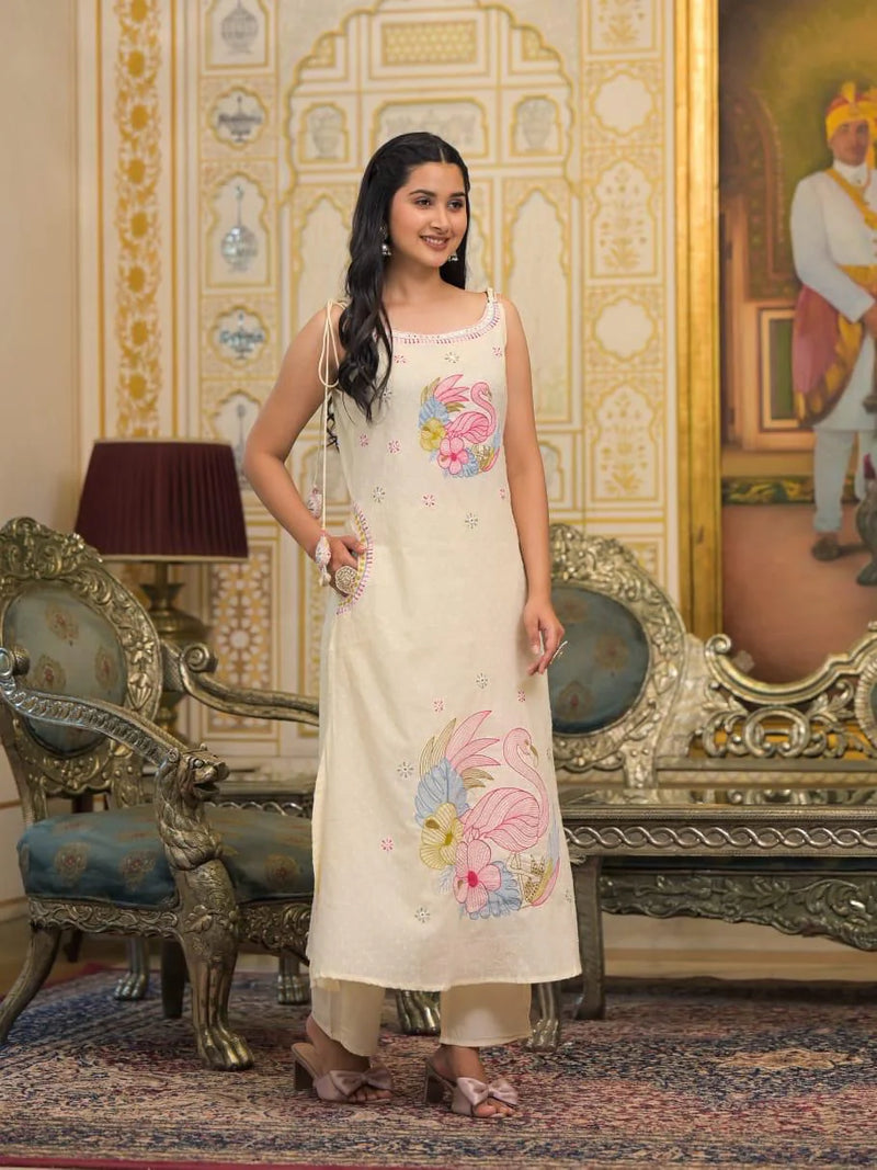 Pure Cotton Embroidered Shoulder Strap Kurta With Pant & Dupatta Kurta Set