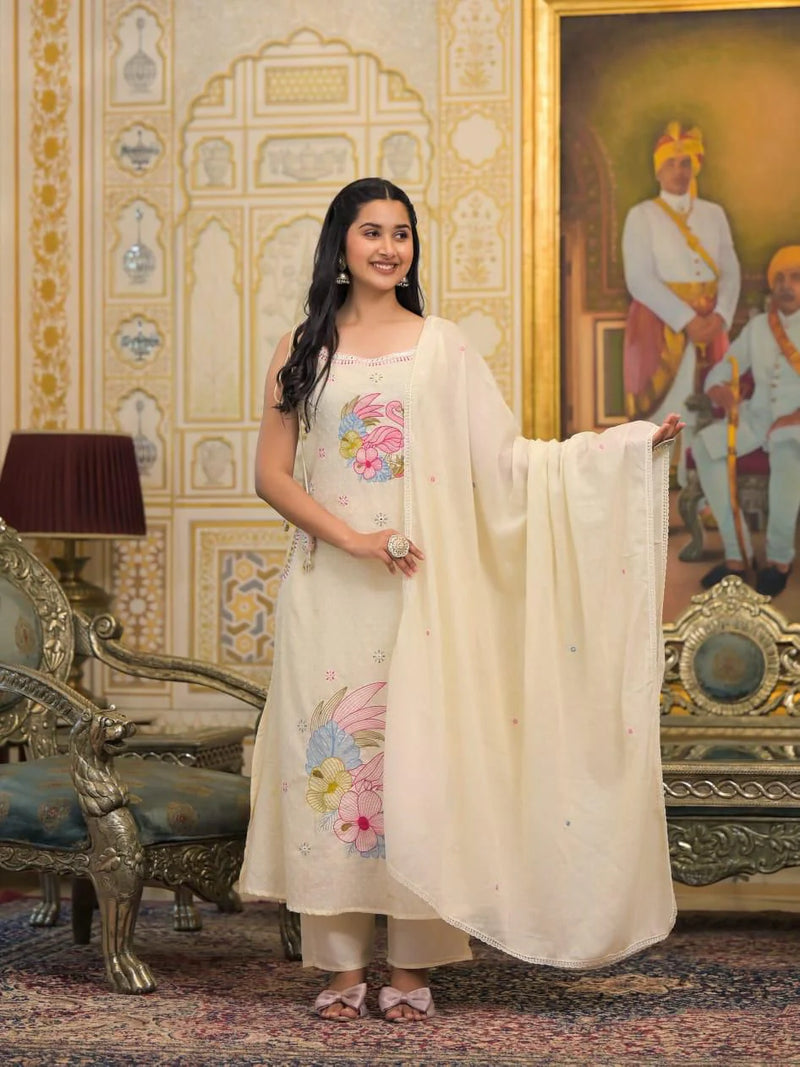 Pure Cotton Embroidered Shoulder Strap Kurta With Pant & Dupatta Kurta Set