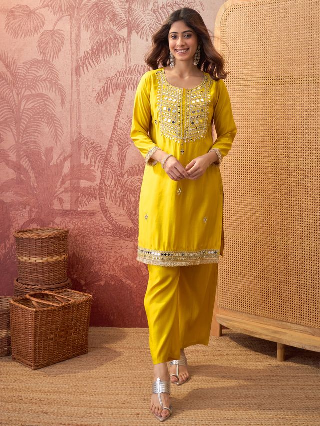 Floral Embroidered & Sequinned Straight Kurta With Trouser & Dupatta Kurta Set