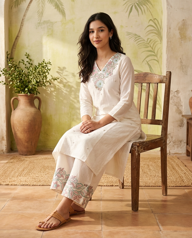 Floral Embroidered Thread Work Straight Kurta With Trousers