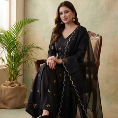 Black Floral Embroidered Mirror Work A-Line Kurta With Trousers & Dupatta